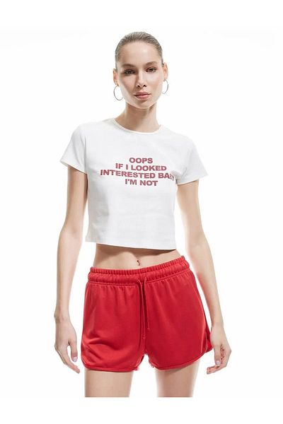 Koton Printed Slim Fit Cotton Ecru Women's T-Shirt 5Sal10691Ik