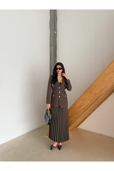 Female Clothing Haki Kemerli Düğmeli Süs Cepli Blazer Ceket Piliseli Etek Takım