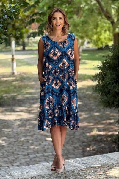 Nevin Kaya Moda Rochie din bumbac albastru cu model geometric fără mâneci