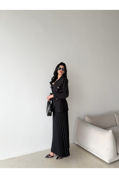 Female Clothing Siyah Kemerli Düğmeli Süs Cepli Blazer Ceket Piliseli Etek Takım