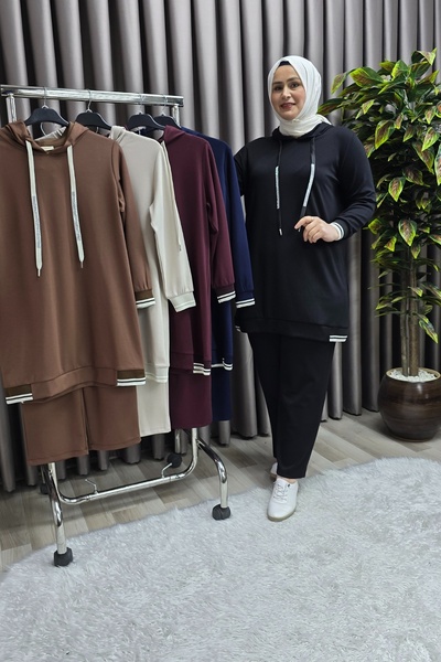 Elmas Tesettür Γυναικεία Ρούχα Μασούρι Μεγάλου Μεγέθους Αθλητικό Σετ με κουκούλα δύο τεμαχίων