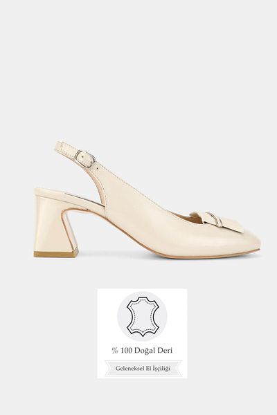 TUNAELLİ Women's Beige Patent Leather Genuine Leather Number 35-41 Medium Heel Back Open Shoes