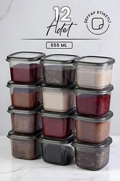 Justyol Set of 12 555 ml Anthracite Spice Jar Set with Labels – Square Storage Container Set with Lids
