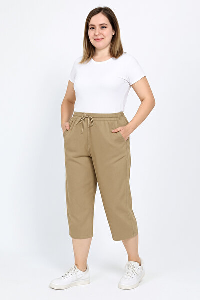 FATELLA Kadın Rahat Kalıp Bej Keten Ham Bez Kapri – Yazlık Günlük Model