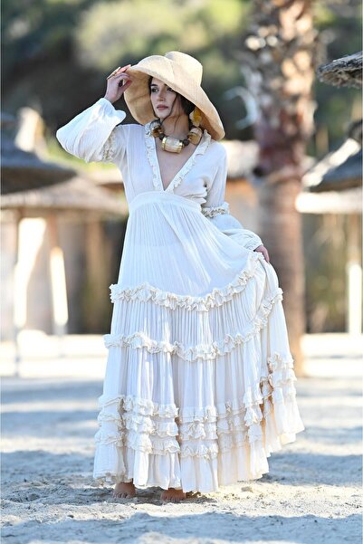 Şaman Butik Ekru Volanlı V Yaka Balon Kol Elbise