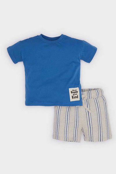 DeFacto Short Sleeve T-Shirt Striped Stretchy Waisted Shorts Blue Baby Boy Bottom-Top Set E9033A5/Be410