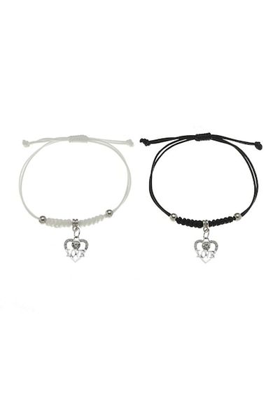 Tessero Set of two 'Love' cord bracelets for couples, friends, adjustable size, handmade, zircon stones, whi