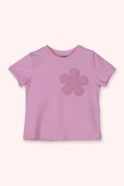 Panço Kız Çocuk Yuvarlak Yaka Kısa Kollu Çiçek Motifli Pembe Tişört