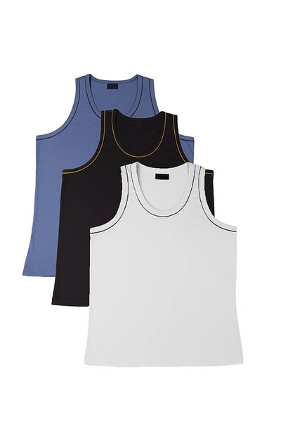 FATELLA Men's Zero Sleeve Thick Strap Cycling 3-Piece White Black Blue Comfortable Summer Set Combed Cotton T-Shirt Undershirt