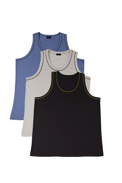 FATELLA Men's Zero Sleeve Thick Strap Cycling 3-Piece Gray Black Blue Comfortable Summer Set Combed Cotton T-Shirt Undershirt