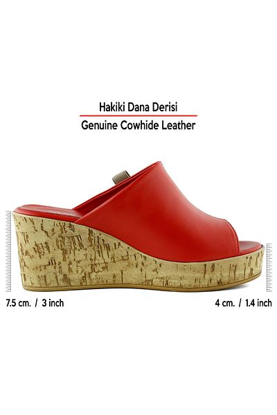 Erkan Saçmacı Fitoria Red Genuine Calf Leather Open Front Cork Sole Look Wedge Heeled Slippers