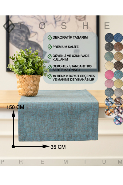 TOSHE 35 x 150 Turkuaz Keten Dokuma Runner ,Dekoratif Runner, Düz Runner, Run...