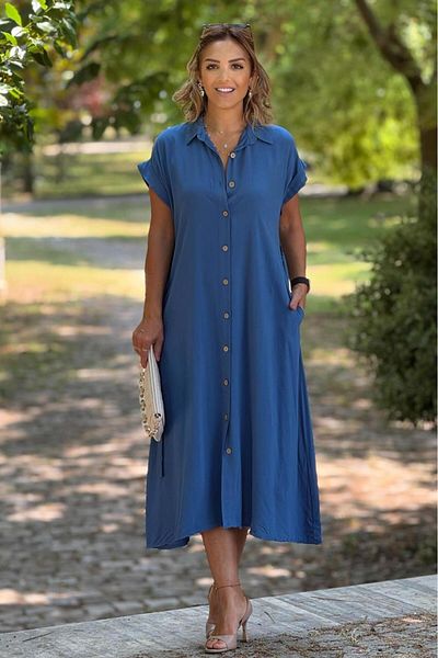 Nevin Kaya Moda Μπλε πουκάμισο με ζώνη με κουμπιά