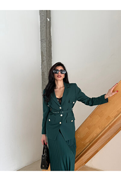 Female Clothing Kemerli Blazer Ceket Piliseli Etek Takım