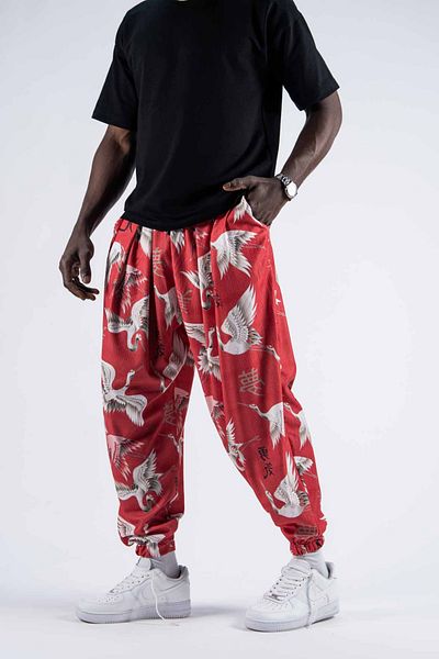 Superbluemexico Men's Elastic Waist Red Jogger Pants