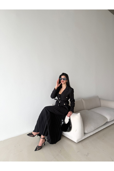 Female Clothing Siyah Kemerli Düğmeli Süs Cepli Blazer Ceket Piliseli Etek Takım