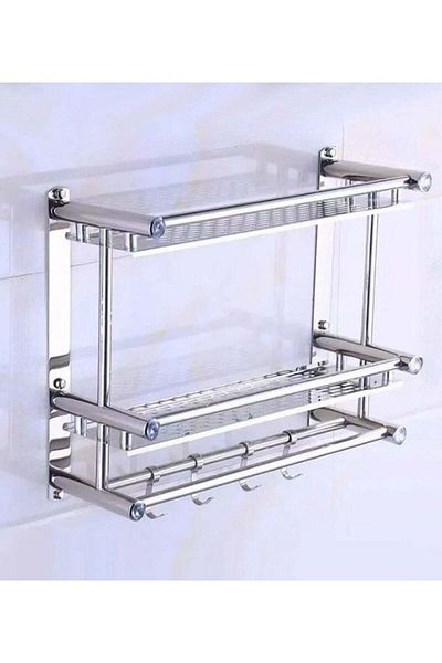 huitich Stainless Steel Wall-Mounted Bathroom Shelf with Towel Bar Silver