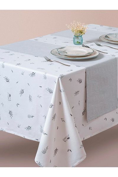 Cotton Box Runner Panama Tablecloth Set Leaf Gray 180 X 230 cm