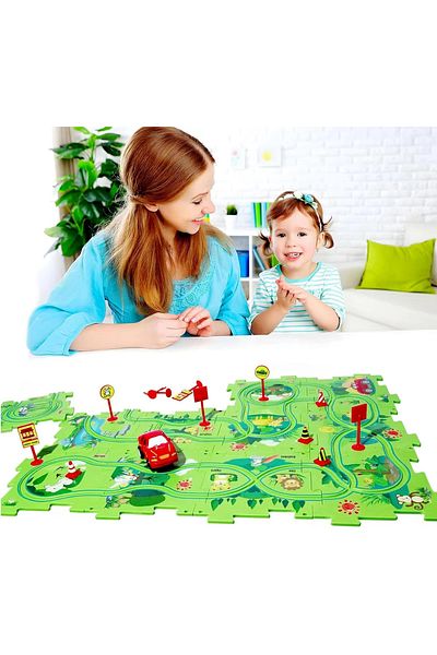 Pitikot Set 25 piese Pitikot® cu masinuta, traseu puzzle racer interactiv, semne circulatie, verde