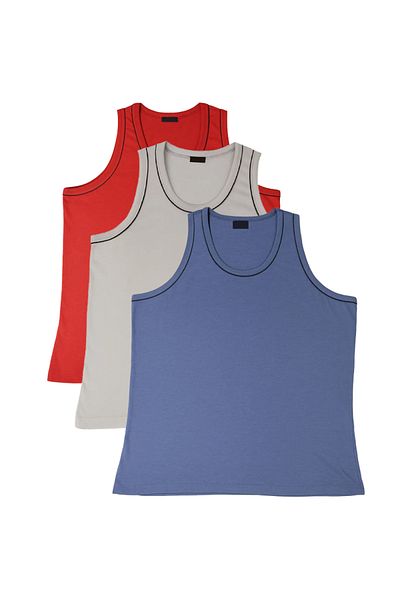 FATELLA Men's Zero Sleeve Thick Strap Cycling 3-Piece Blue Red Gray Comfortable Summer Set Combed Cotton T-Shirt Undershirt