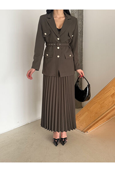 Female Clothing Haki Kemerli Düğmeli Süs Cepli Blazer Ceket Piliseli Etek Takım