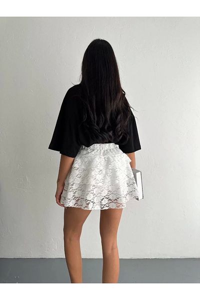 Kadınle Mini skirt with lace waistband and elastic shorts - white