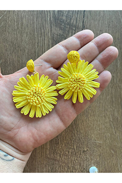 Büyük Hanım Güneş Çiçeği Plaj Tarzı El Yapımı Rafya Küpe