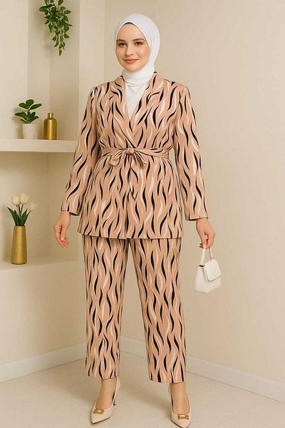 MODAMERSİ Women's Powder Ecru Viscose Fabric Belted Kimono Trousers Double Set