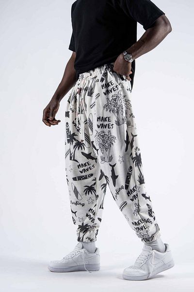 Superbluemexico Men's Elastic Printed White Jogger Pants