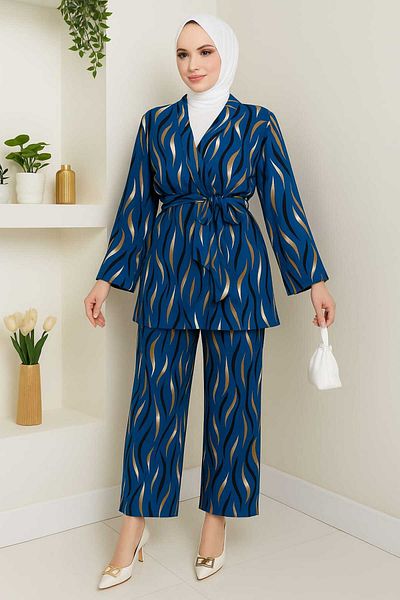MODAMERSİ Women's Blue Black Viscose Fabric Belted Kimono Trousers Double Set