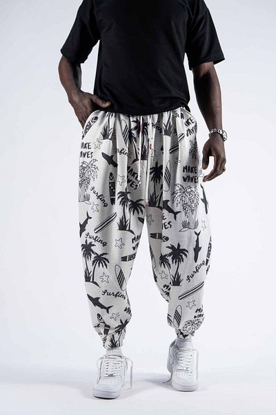 Superbluemexico Men's Elastic Printed White Jogger Pants