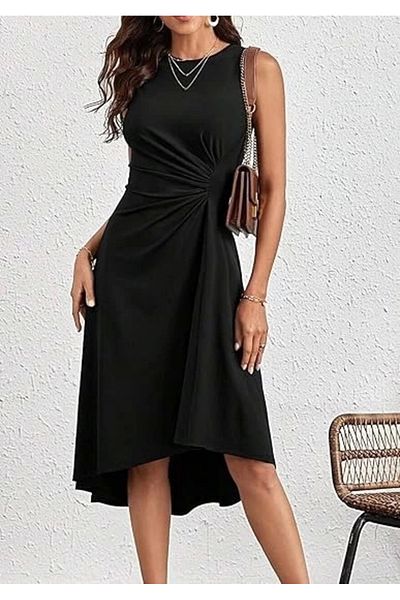 Butik Women's Zero Sleeve Crew Neck Gathered Asymmetric Cut Detailed Janjan Crepe Dress