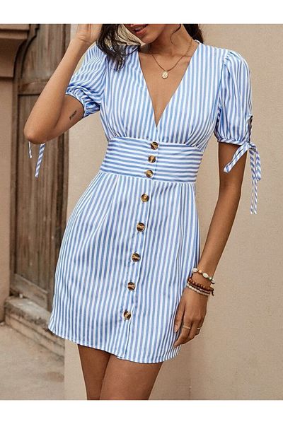Kokosh moda Rochie scurtă din poplin pentru femei, cu mâneci scurte cu șireturi, guler dublu, nasturi în față