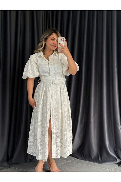 BÜŞRA PERKER 8567 Ecru Belted Balloon Sleeve Dress