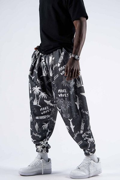 Superbluemexico Men's Elastic Printed Black Jogger Pants