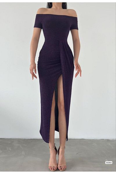 Modafeminen Madonna Collar Slit Glitter Evening Dress Purple 582864