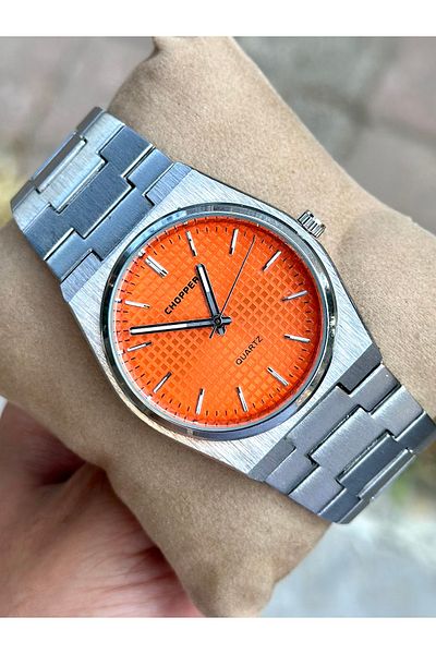 pierrose Silver Steel Cord Orange Dial Men's Wrist Watch with Calendar