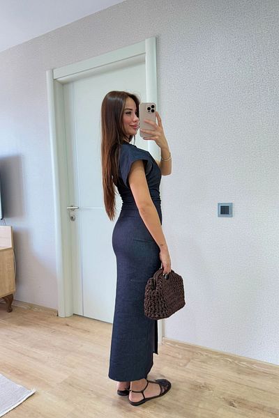 JaMolls Stretchy Fabric Pinterest Model Button Detail Long Midi Length Short Sleeve Wraparound Jean Jeans Designer Dress