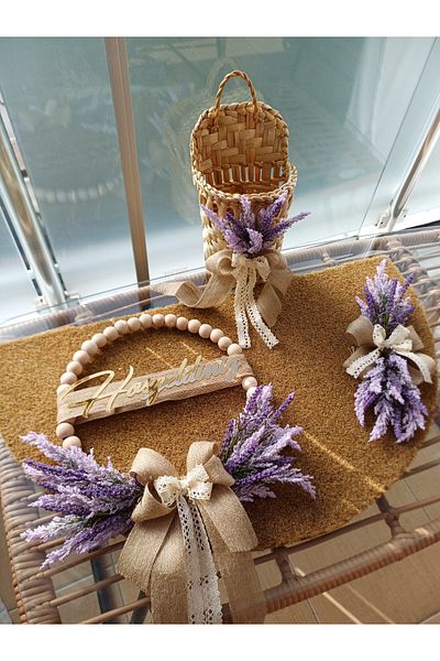 Okaliptus Tasarım Lavender Set of 3 Door Front Decor, Door Ornament and Mat Set