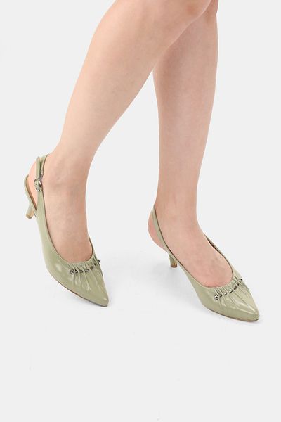 TUNAELLİ Women's Green Patent Leather Genuine Leather 34-35-41 Number Short Heel Buckle Back Open Shoes
