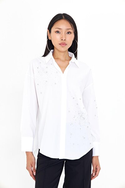 TIFFANY&TOMATO Önü ve Kolu Taşlı Poplin Gömlek