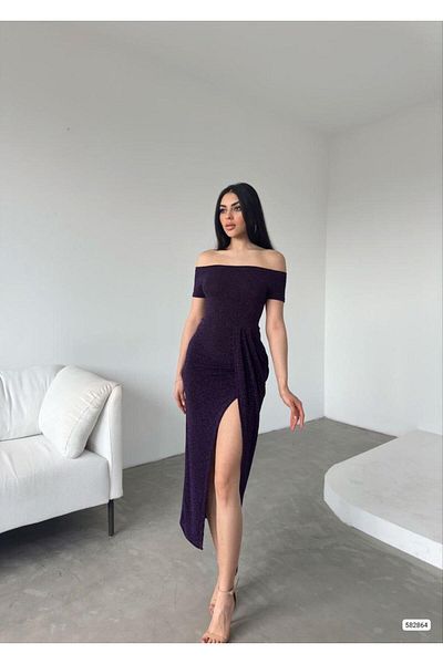 Modafeminen Madonna Collar Slit Glitter Evening Dress Purple 582864