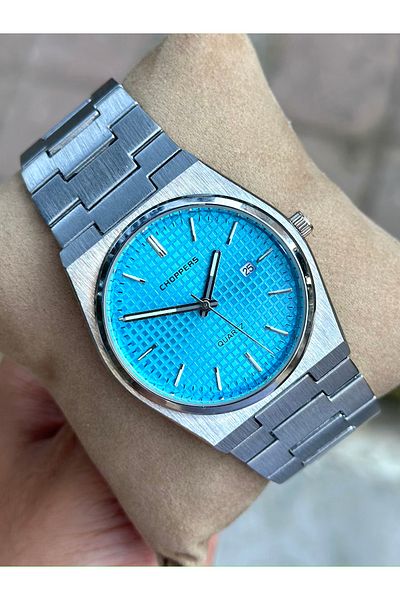 pierrose Silver Steel Band Turquoise Dial Men's Wrist Watch with Calendar
