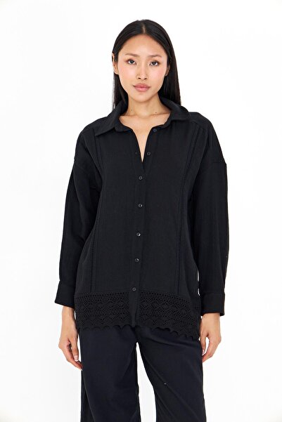 TIFFANY&TOMATO Dantel Detaylı Keten Görünümlü Gömlek