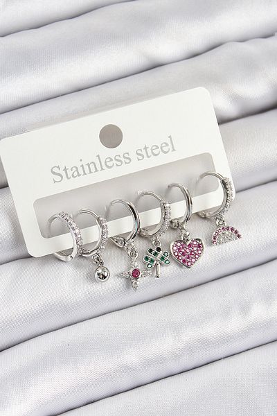 Clariss Brass Zircon Stone Watermelon Clover Heart Compass Mixed Model Silver Color Set of 6 Women's Earrings