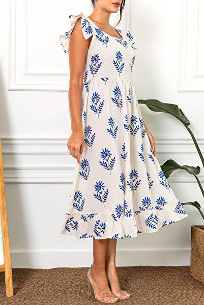 armonika Women's Dark Blue Sleeve Ruffle Back Zipper Long Dress Arm-23Y001114