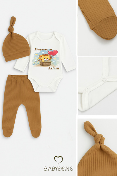 BABYDEN'S Dayısının Aslanı Baskılı 3’lü Bebek Takımı %100 Pamuklu Şapkalı Set Uzun Kol Çıtçıtlı Zıbın Şapka