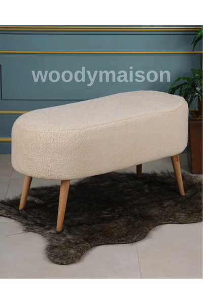 WoodyMaison LUNA PELUŞ KREM LARGE 90 CM GÜRGEN AYAKLI PUF KOLTUK BENCH