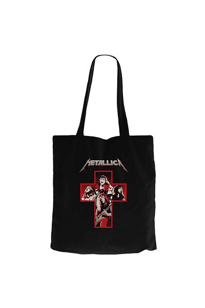 Z zepplin Metallica Silhouettes Inside the Cross Black Canvas Tote Bag