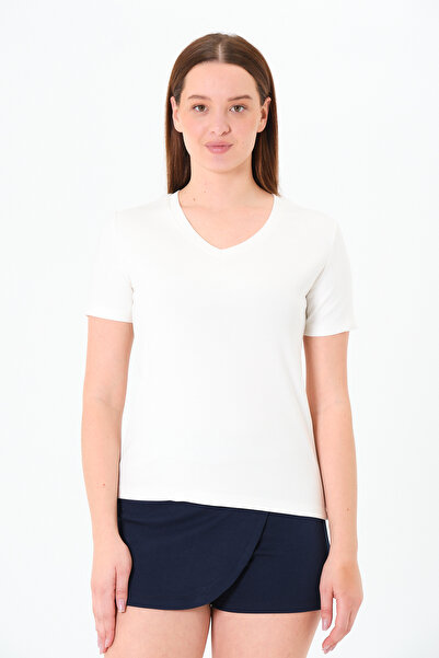 Sortie Collection Tricou de damă din țesătură modală cu decolteu în V, ecru, ...